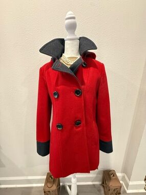Nautica Red Wool Double-Breasted Pea Coat with Charcoal Trim